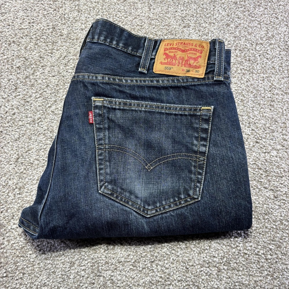 Levis 559 Jeans Mens 38x30 Blue Dark Wash Relaxed Straight Denim Distressed